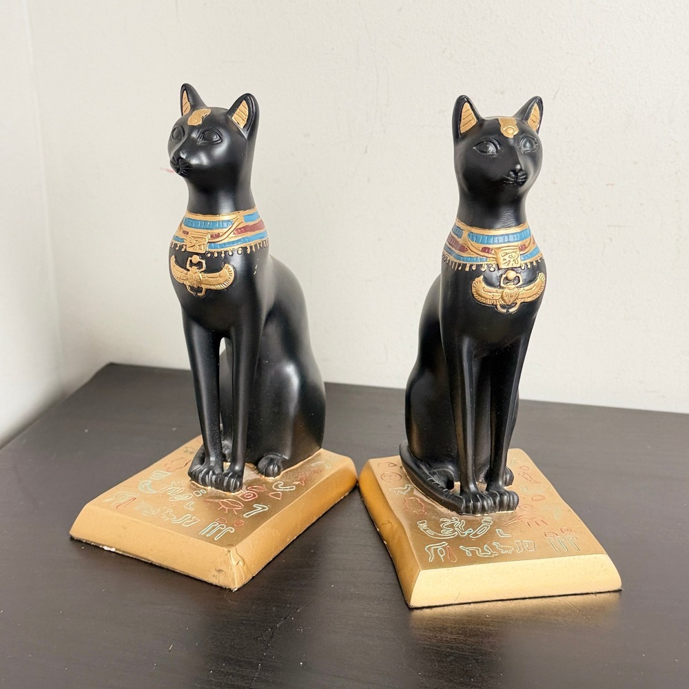 Ancient Egyptian Bastet Cat Bookends Black Gold Hieroglyphic Statue Pair